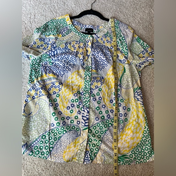 Talbots Womens Green Blue Paisley Blouse Medium Cottagecore Eyelet Summer Vibe - Picture 12 of 12